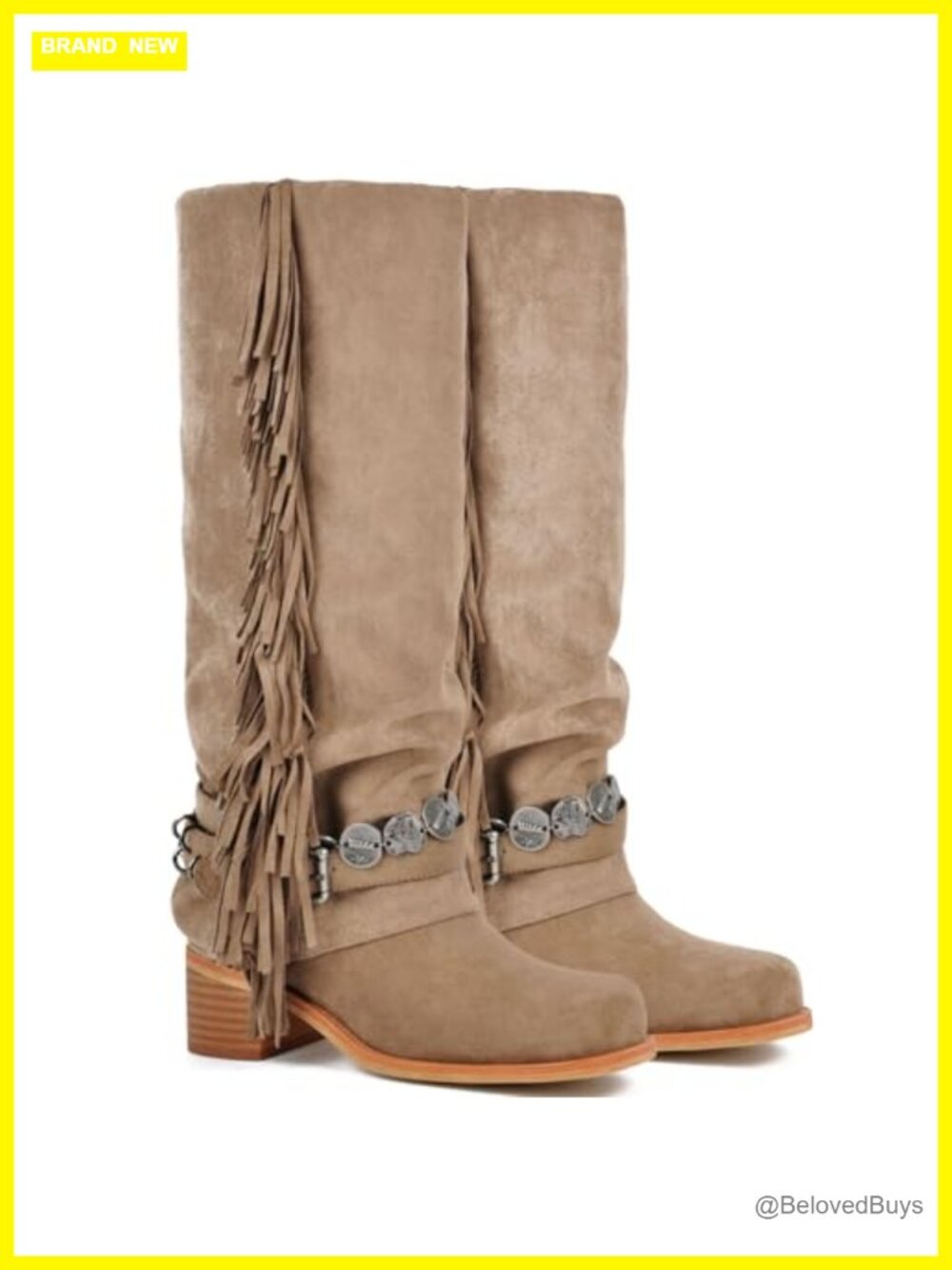 KISTANIA Women's Suede Knee High Riding Boots with Fringe Buckle Straps